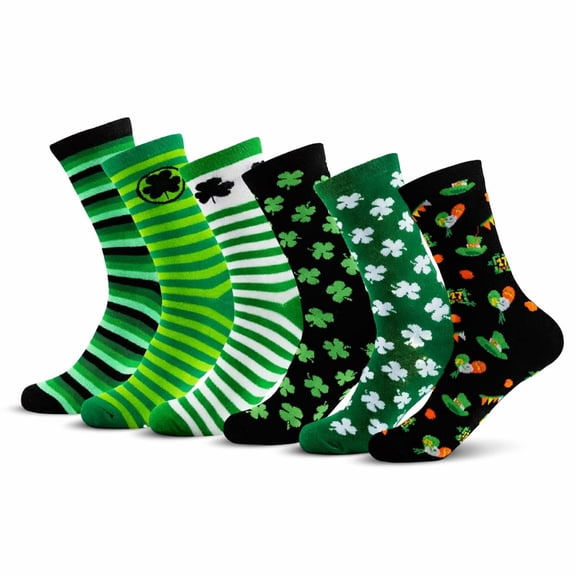Couver Women's Patterned Crew Socks, 6-Pack, St. Patrick Shamrock Print, Size 9-11