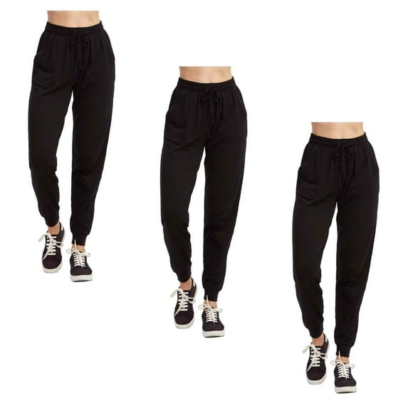 Couver Women's Cotton Stretch Active Jersey Jogger Pants with Pockets, Black L, 3-Pack