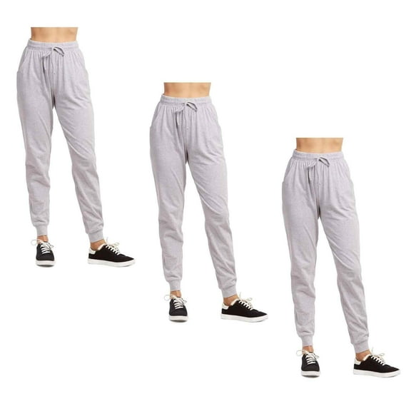 Couver Women's Cotton Stretch Active Jersey Jogger Pants with Pockets, Heather Grey S, 3-Pack