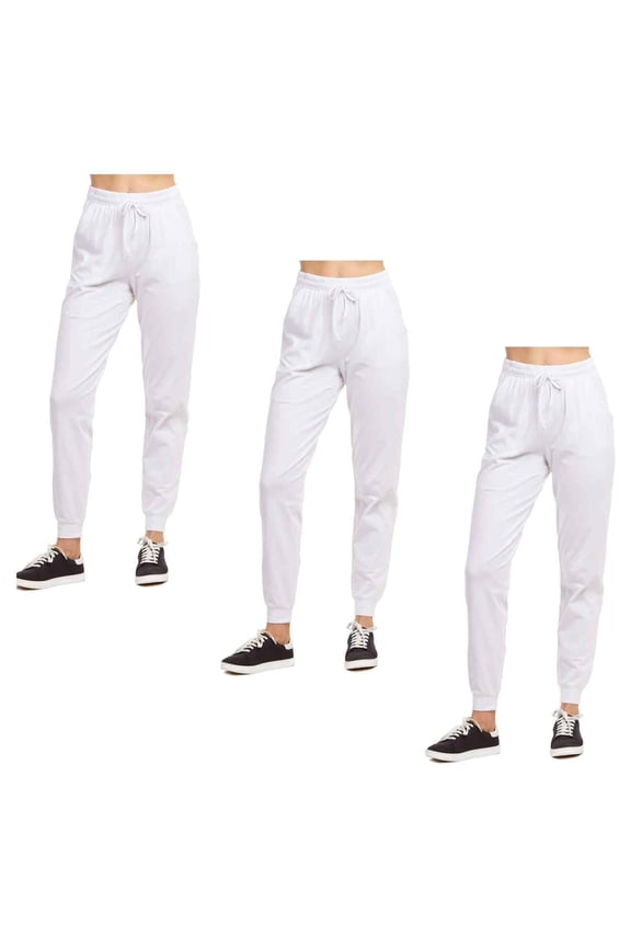 Women's Cotton Stretch Active Jersey Jogger Pants with Pockets, White XL, 3-Pack