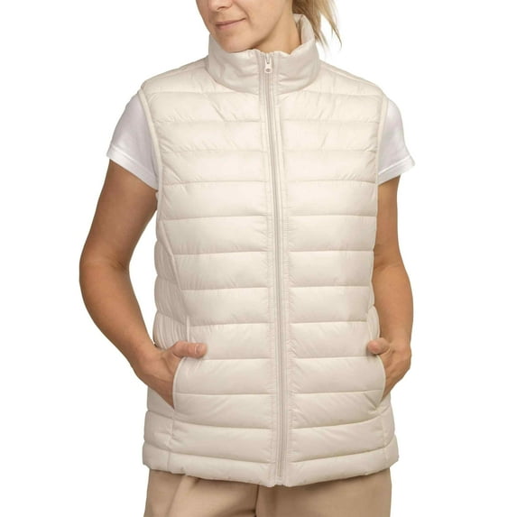Women's Nylon Zip Up Quilted Puffer Vest, Oat, Large, 1 Pack
