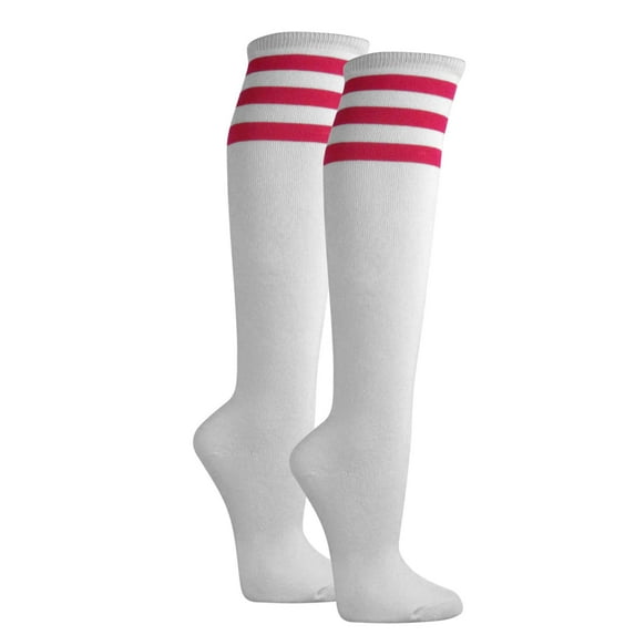 Couver Women's White Triple Striped Knee High Fashion Tube Cotton Socks, White / Hot Pink