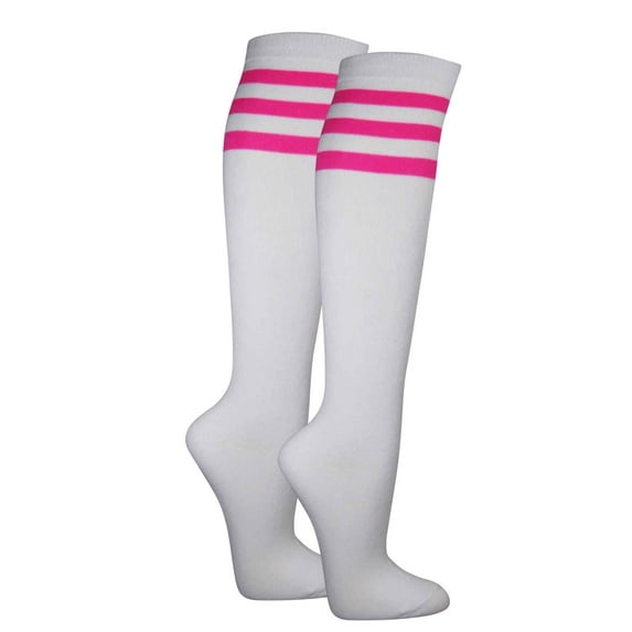 Couver Women's White Triple Striped Knee High Fashion Tube Cotton Socks, White / Neon Hot Pink