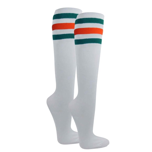 Couver Women's White Triple Striped Knee High Fashion Tube Cotton Socks, White / Teal / Dark Orange