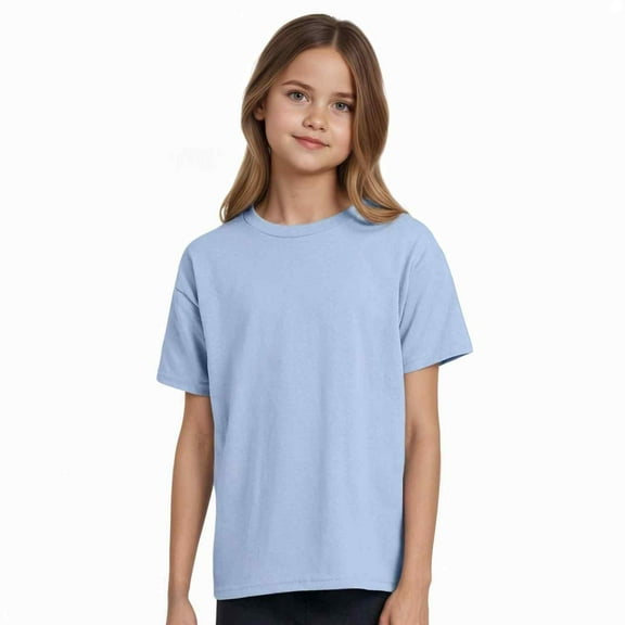 Couver Kids Girls Boys Solid Color Short Sleeve Cotton Blend T-Shirt, Everyday Summer Top, Light Blue, Small, 1 Piece