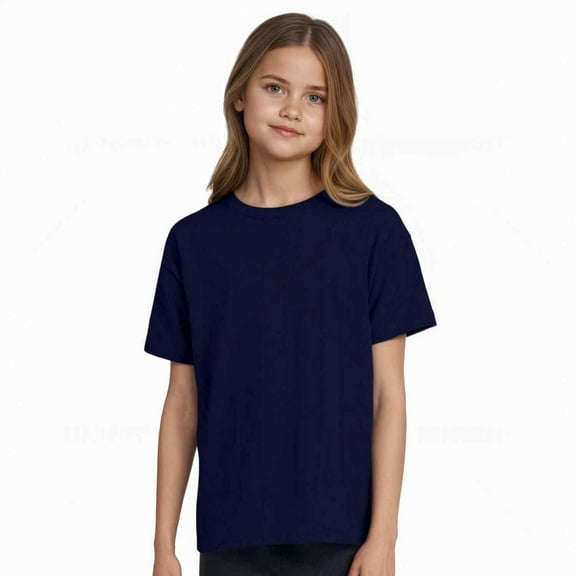 Couver Kids Girls Boys Solid Color Short Sleeve Cotton Blend T-Shirt, Everyday Summer Top, Navy, Large, 1 Piece