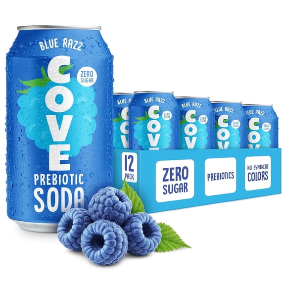 Cove Prebiotic Soda Soft Drinks with Zero Sugar - Refreshing Healthy Soda Alternative with 4g of Fiber for Digestive Support - Natural, Caffeine Free Sparkling Beverage - Blue Razz, 12 Pack