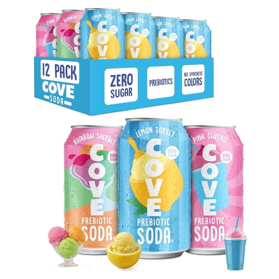 Cove Prebiotic Soda Soft Drinks with Zero Sugar - Refreshing Healthy Soda Alternative with 4g of Fiber for Digestive Support - Natural, Caffeine Free Sparkling Beverage - Frozen Favorites, 12 Pack