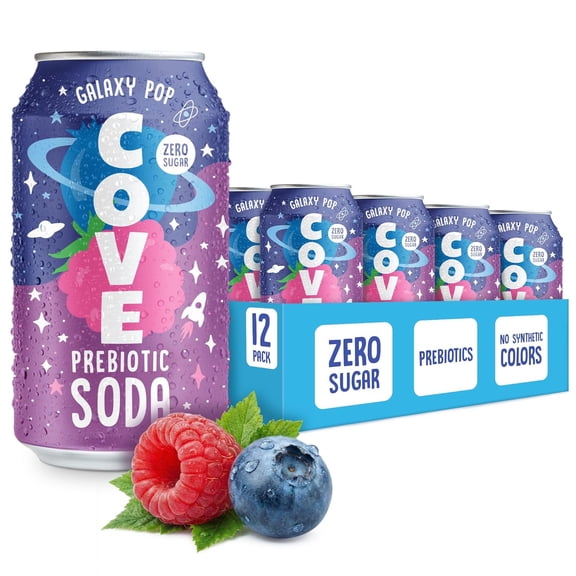 Cove Prebiotic Soda Soft Drinks with Zero Sugar - Refreshing Healthy Soda Alternative with 4g of Fiber for Digestive Support - Natural, Caffeine Free Sparkling Beverage - Galaxy Pop, 12 Pack