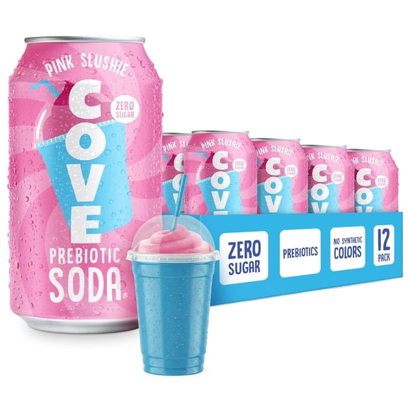 Cove Prebiotic Soda Soft Drinks with Zero Sugar - Refreshing Healthy Soda Alternative with 4g of Fiber for Digestive Support - Natural, Caffeine Free Sparkling Beverage - Pink Slushie, 12 Pack