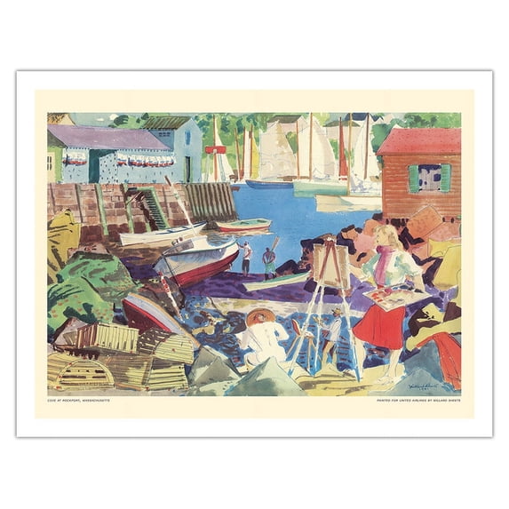 Cove at Rockport Massachusetts - United Air Lines - Vintage Airline Travel Poster by Millard Sheets c.1951 - Fine Art Matte Paper Print (Unframed) 20x26in