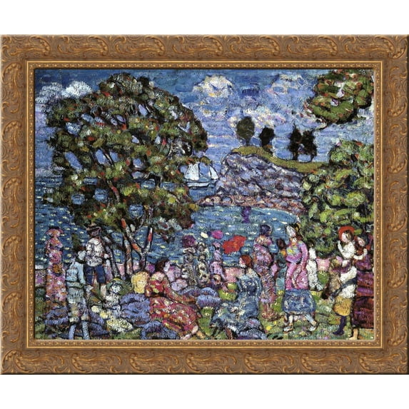 Cove with Figures 24x20 Gold Ornate Wood Framed Canvas Art by Prendergast, Maurice