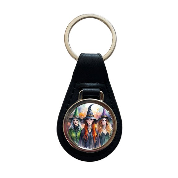 Coven Of Witches Watercolor Metal Black Leather Keychain