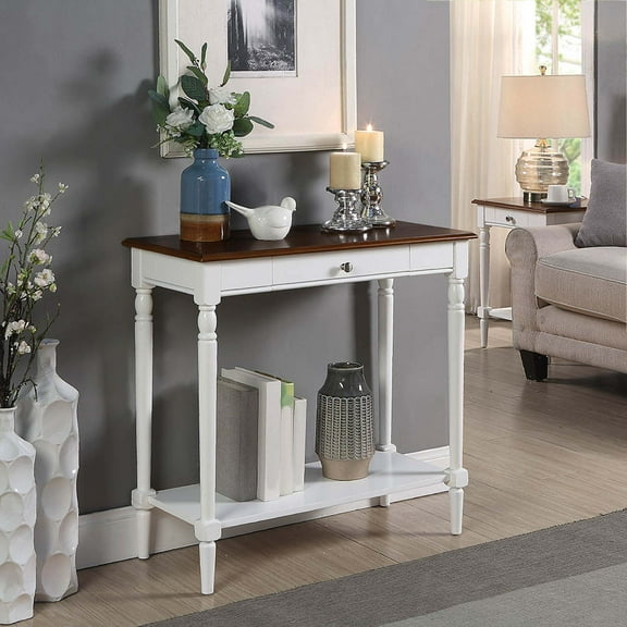 Covenience Concepts French Country 1 Drawer Hall Table with Shelf, Dark Walnut/White