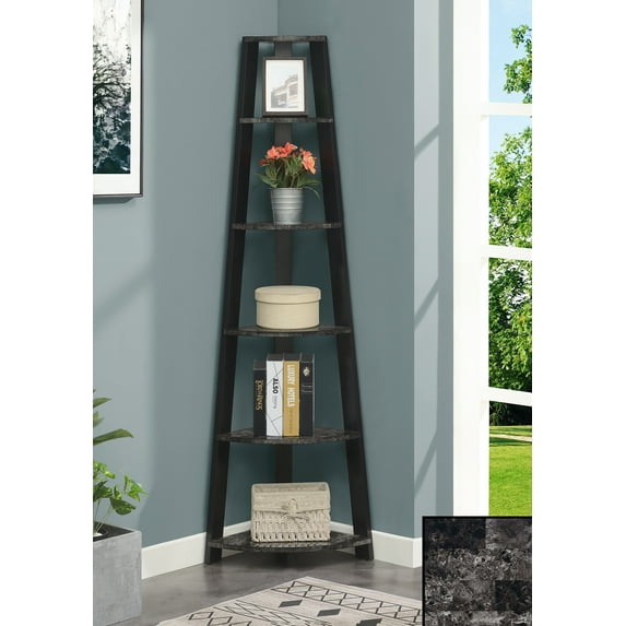 Covenience Concepts Newport 5 Tier Corner Bookshelf, Black Faux Marble/Black