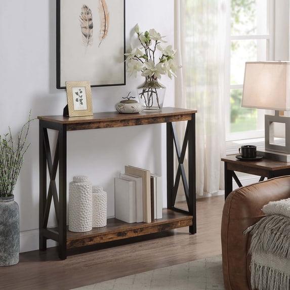 Covenience Concepts Oxford Console Table with Shelf, Barnwood/Black