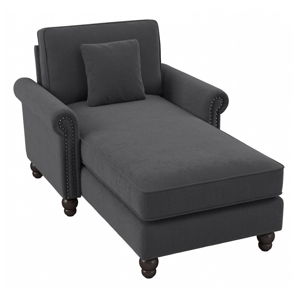 Charcoal Gray Herringbone Microfiber Chaise Lounge with Arms
