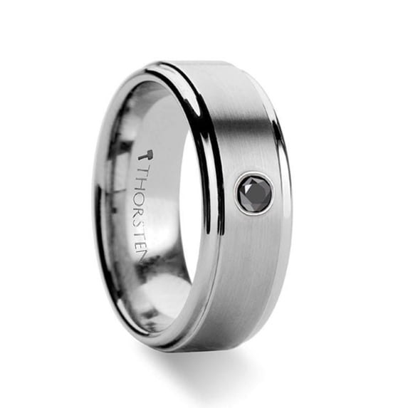 Coventry Raised Brushed Center Tungsten Ring With Black Diamond
