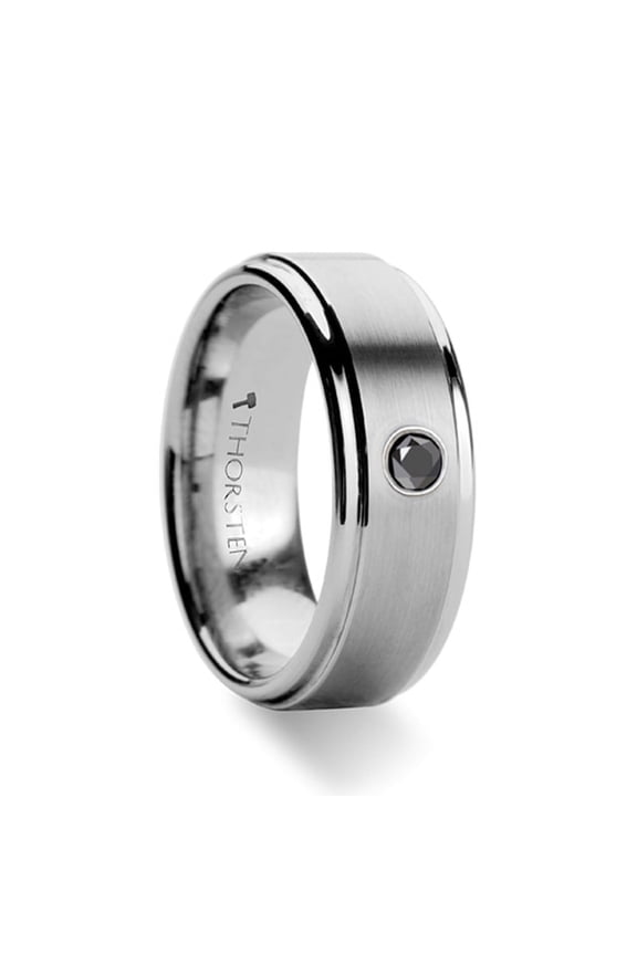 Coventry Raised Brushed Center Tungsten Ring With Black Diamond