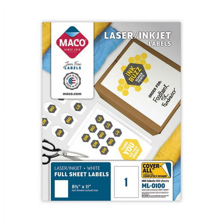Labels, Laser Printers, 8.5 x 11, White, 100/Box Labels, Laser Printers, 8.5 x 11, White, 100/Box