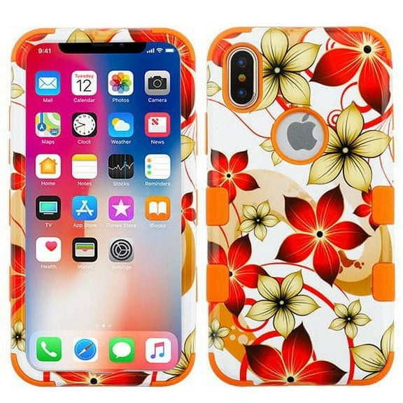Cover for Apple iPhone XS/X Hybrid Three Layer Hard PC Shockproof Heavy Duty TPU Rubber Anti-Drop Phone Case Fit iPhone XS / iPhone X [ Hibiscus Flower Orange ]