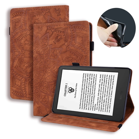 Cover Case for Amazon Kindle 11th Generation (2022 Release), for Amazon Kindle 6 Inch 2024, Embossed Sunflower Folio Stand Elastic Band Card Slots Pen Holder Smart Cover Case, Brown