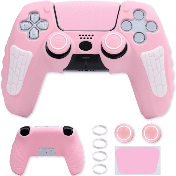 Silicone Protectors Cover for PS5 Controller, Anti-Slip Cover Skin with Joystick Thumb Grip Caps and Cover Wrap Sticker-Pink