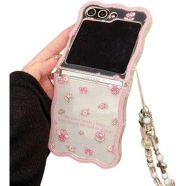 Cover Case for Galaxy Z Flip 5 with Chain,Beautiful Flower Shockproof Folding Phone Protective Shell,Gift for Girls Women (Pink)