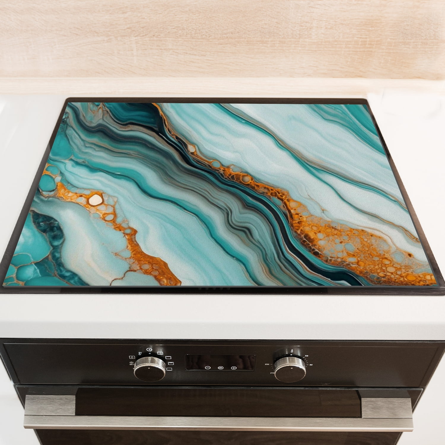 Cover for Gas Stove Top, Teal and Gold Marble Print Heat Resistant Stove Burner Covers, Glass Induction Cooktop Protector Mat for Kitchen RV (28×20 Inch)