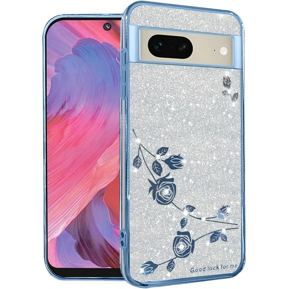 Cover for Google Pixel 7 Case Clear Glitter Sparkle Aesthetic Google Pixel 7 Phone Case Silicone Soft Flower Anti-Scratch Shockproof Funda Purple Slim (Silver-Blue)