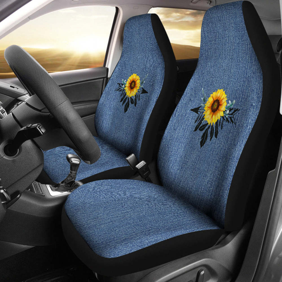 Cover Protective Seat Front Universal 2 of Pack Seat Car Denim Faux Blue Rustic On Design Boho Dreamcatcher Sunflower