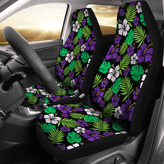 Cover Protective Seat Front Universal 2 of Set Pack Tropical Hawaiian Covers Seat Car Flower Hibiscus Green and Purple