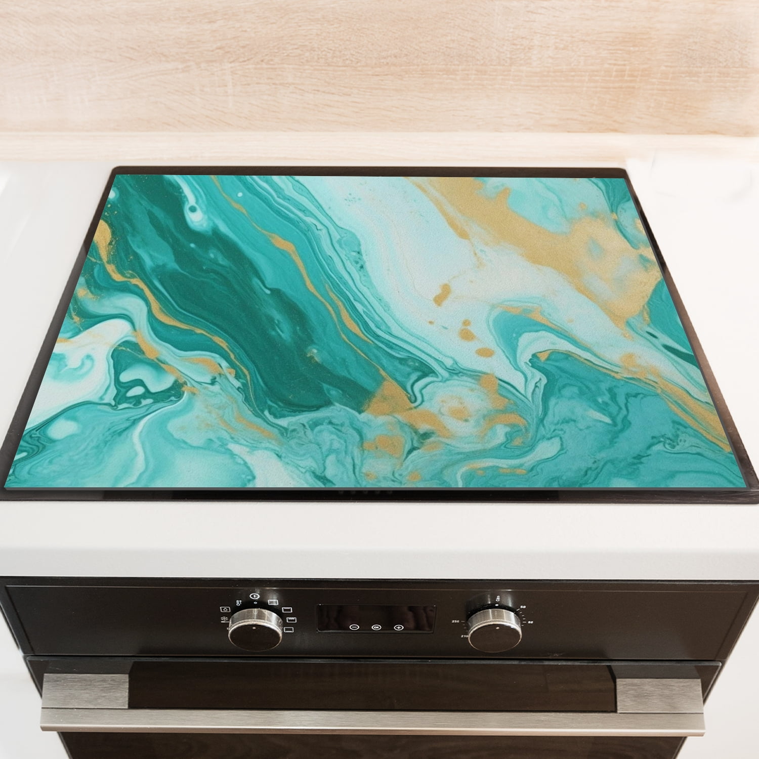 Cover for Stove Top Electric Flat Top, Abstract Marble Paint Oven Protector Mat, Glass Induction Cooktop Protector Mat, Blue Gold Range Cover for Kitchen RV (28×20 Inch)