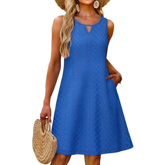Cover Up Summer Dresses for Women 2025 Eyelet Casual Loose Sleeveless Sundresses Tank Dresses with Pockets Blue M