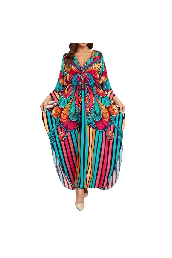 Cover Ups For Swimwear Women Kaftan Dresses Plus Size V Neck Batwing Sleeves Summer Floral Print Dress Clothes Sky Blue