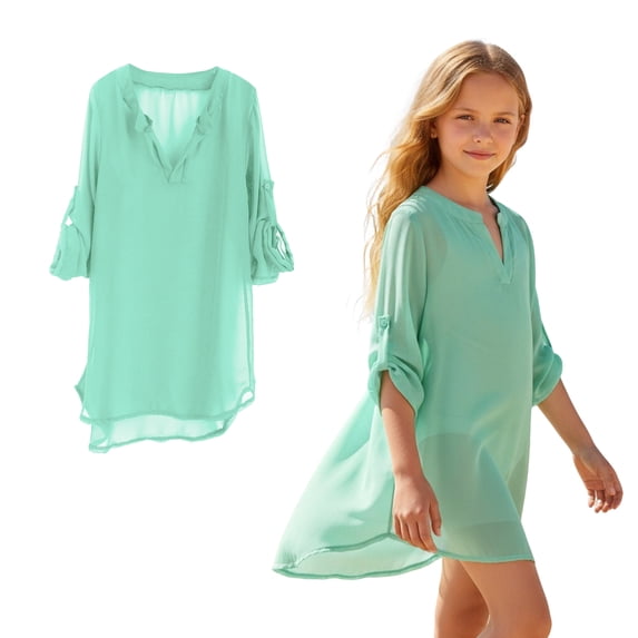 Cover Ups for Swimwear Girls Crew Neck Green Tulle Swim Cover Up Girls Tulle Dress 6-7 Years Bathing Suit Girl