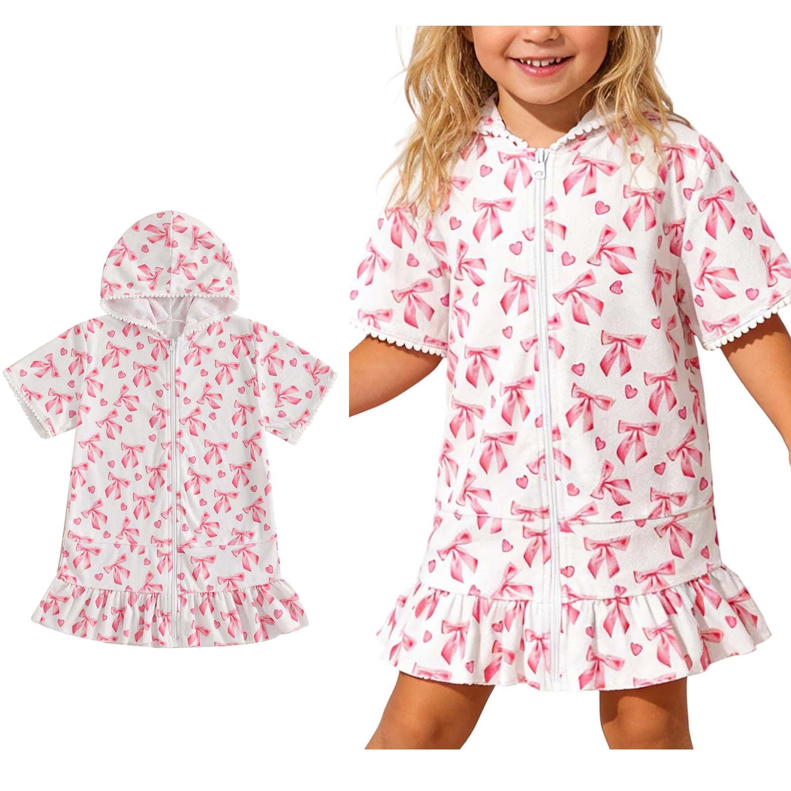 Cover Ups for Swimwear Girls Zip Up Hooded Bow Print Girls Towel Cover ...