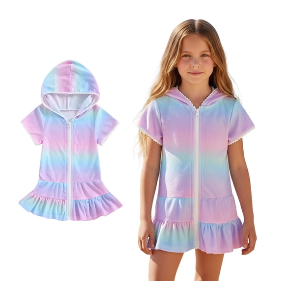 Cover Ups for Swimwear Girls Zip Up Hooded Tie Dye Terry Cloth Swim Cover Up Girls Swim Dresses Girls Robes Size 9-10 Years