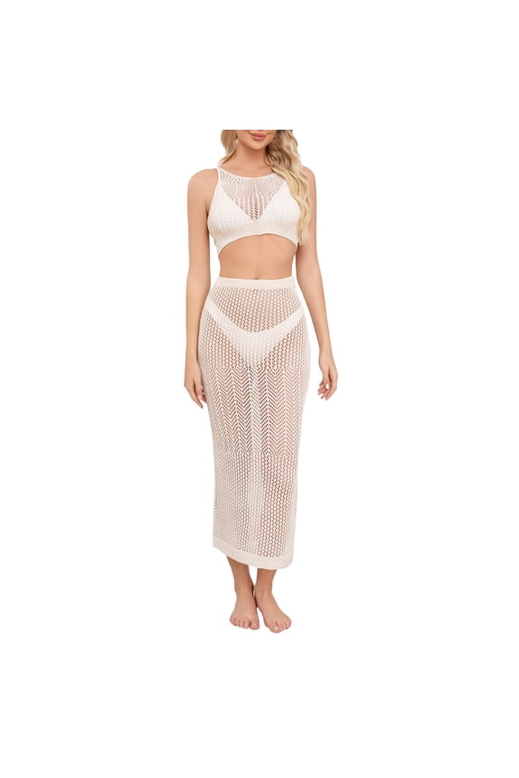 Cover Ups for Swimwear Women, Womens 2 Piece Sets Summer Striped Crochet Knit Coverup Sleeveless Crop Tank Top Bodycon Slit Maxi Skirt Sets
