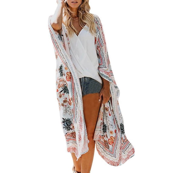 Cover Ups for Women Boho Floral Chiffon Kimono Cardigan Long Flowy Beach Wrap Summer Sun Protection Tunic for Pool and Vacation