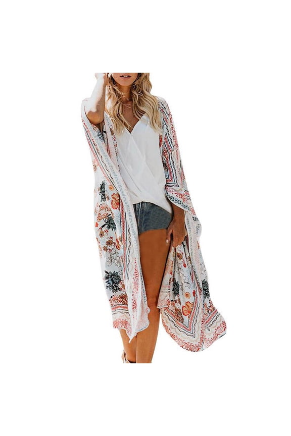Cover Ups for Women Boho Floral Chiffon Kimono Cardigan Long Flowy Beach Wrap Summer Sun Protection Tunic for Pool and Vacation