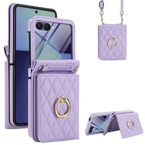 Cover for Flip 7/6 Rings Stand Case with Card Slot Holder and Crossbody Strap Leather Wallet Case