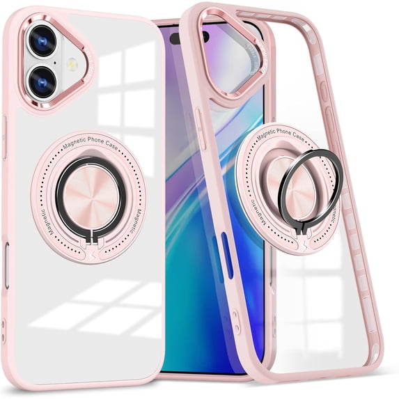 Cover for iPhone 16 Case with Ring Holder Magnetic Black Compatible with Magsafe Wireless Charger iPhone 16 Phone Case Clear Shockproof Rugged (Pink)