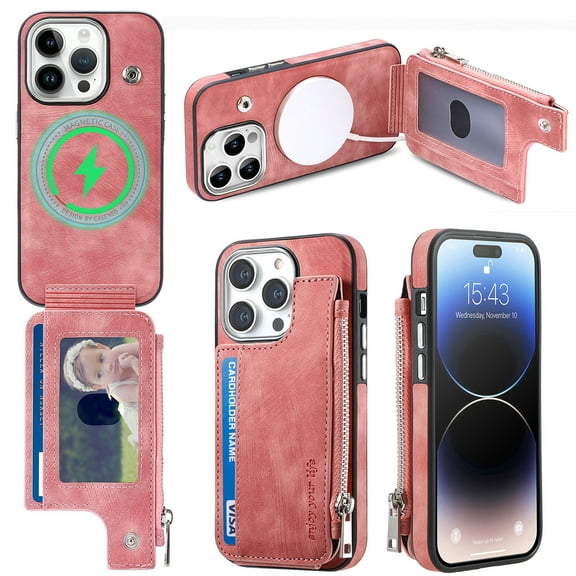 Cover for iPhone 12 Pro / 12 6.1", Multi-function Wallet Phone Case,Shockproof Magnetic MagSafe Zipper Wallet Flip Leather Card Slots Holder Case,Compatible with MagSafe , pink