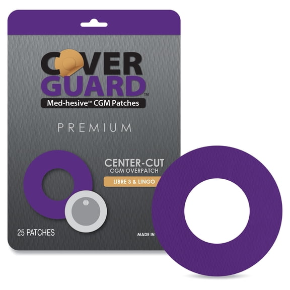 CoverGuard CGM Overpatch | Freestyle Libre 3 | Purple Center-cut Design| 25-Count | Waterproof Adhesive | Anti-Fray | Easy Application & Removal | Sensor Protection