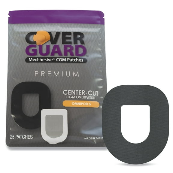 CoverGuard CGM Overpatch for Omnipod 5 Insulin Pod, Black Center-cut Design 25-Count, Waterproof Adhesive, Anti-Fray, Easy Application & Removal