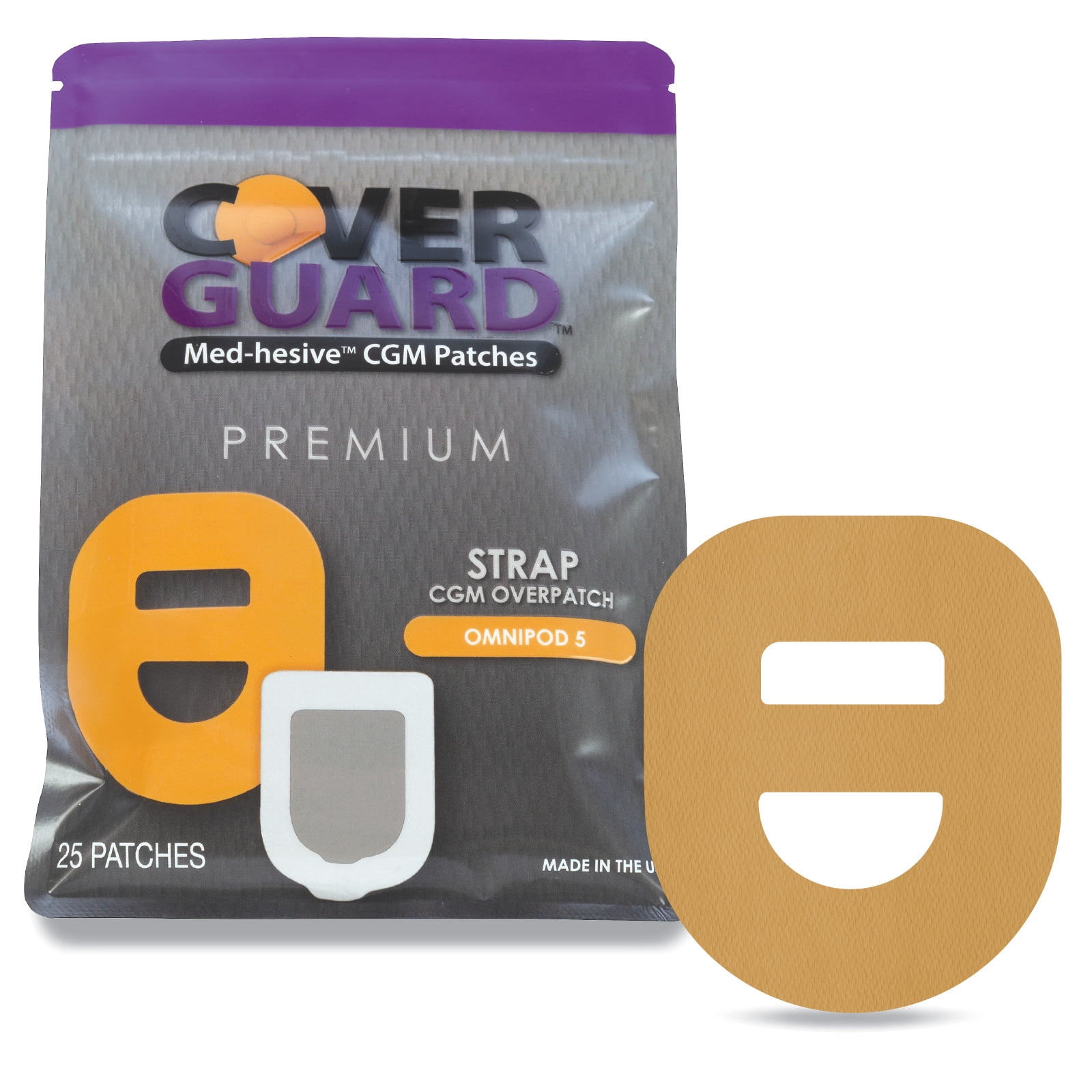 CoverGuard CGM Overpatch | Omnipod 5 Insulin Pod | Tan Cross-strap Design| 25-Count | Waterproof Adhesive | Anti-Fray | Easy Application & Removal