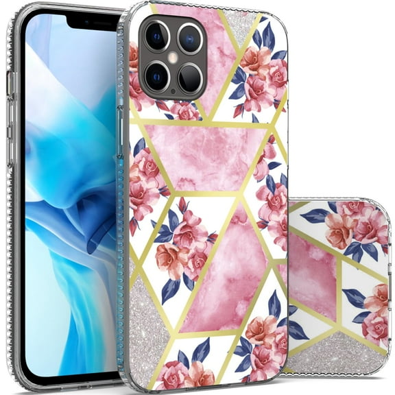 CoverON Apple iPhone 12 Pro Max Case (6.7"), Slim Lightweight Scratch Resistant Glossy Phone Cover bumper Grip, Marble Glitter Flower