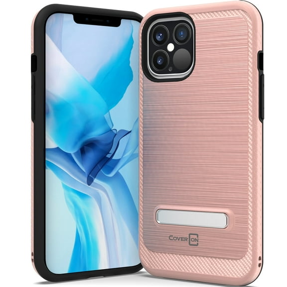 CoverON Apple iPhone 12 Pro Max Case (6.7"), Slim Metal Kickstand Rugged Dual Layer Phone Cover, Rose Gold Pink