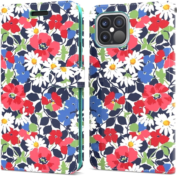 CoverON Apple iPhone 12 Pro Max Wallet Case, RFID Blocking Vegan Leather 6x Card Slot Holder Cover Flip Folio Phone Pouch, Spring Garden